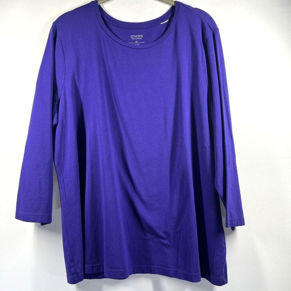 Chicos True Color Tee Top Shirt XL Solid Blue Pima Cotton Pullover 3/4 Sleeve